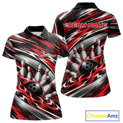 Custom Black And Red Flame Bowling Shirt For Women, Bowling Team Jersey Polo Shirt IPHW12407