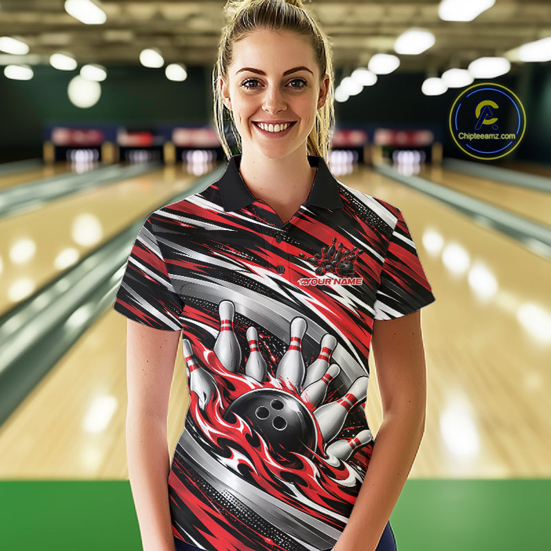 Custom Black And Red Flame Bowling Shirt For Women, Bowling Team Jersey Polo Shirt IPHW12407
