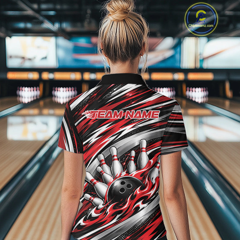 Custom Black And Red Flame Bowling Shirt For Women, Bowling Team Jersey Polo Shirt IPHW12407