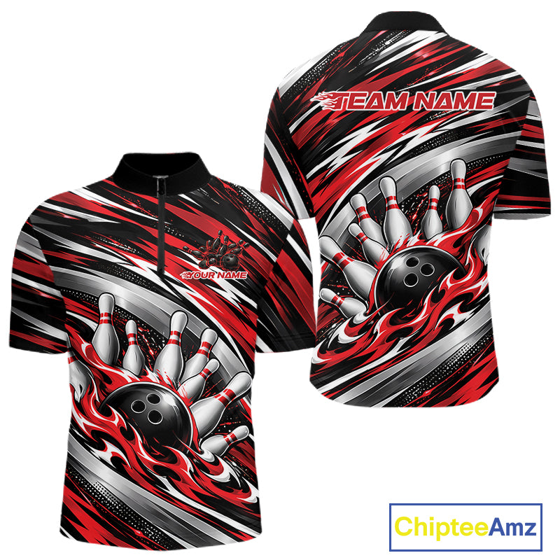 Custom Black And Red Flame Bowling Shirt For Men, Bowling Team Jersey Quarter Zip Shirt IPHW12407