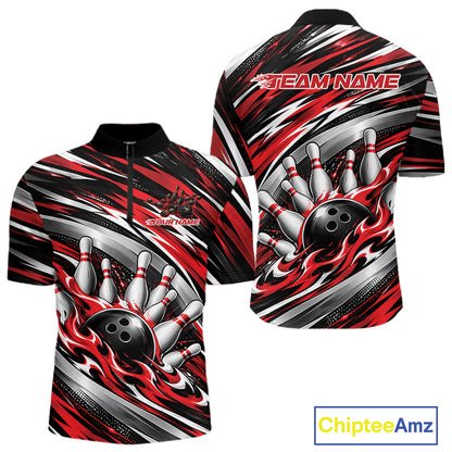Custom Black And Red Flame Bowling Shirt For Men, Bowling Team Jersey Quarter Zip Shirt IPHW12407
