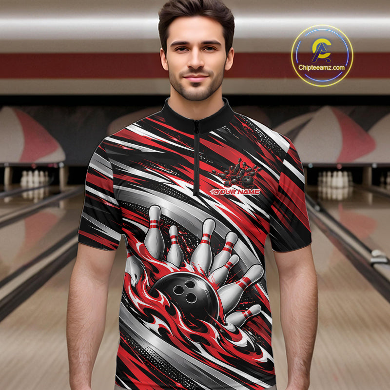 Custom Black And Red Flame Bowling Shirt For Men, Bowling Team Jersey Quarter Zip Shirt IPHW12407