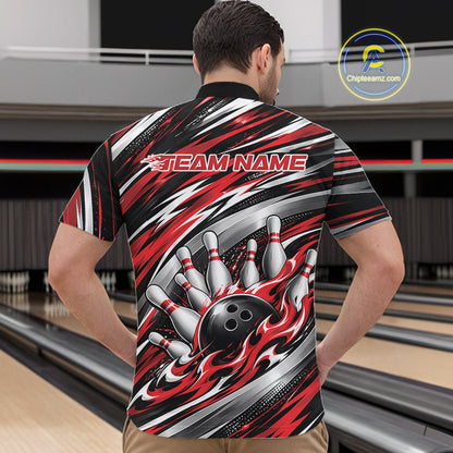 Custom Black And Red Flame Bowling Shirt For Men, Bowling Team Jersey Quarter Zip Shirt IPHW12407