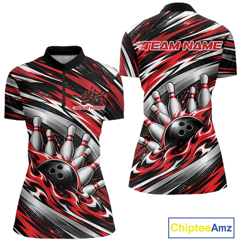 Custom Black And Red Flame Bowling Shirt For Women, Bowling Jersey Quarter-Zip Shirt IPHW12407