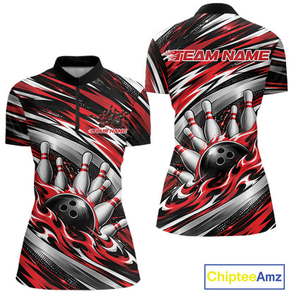 Custom Black And Red Flame Bowling Shirt For Women, Bowling Jersey Quarter-Zip Shirt IPHW12407