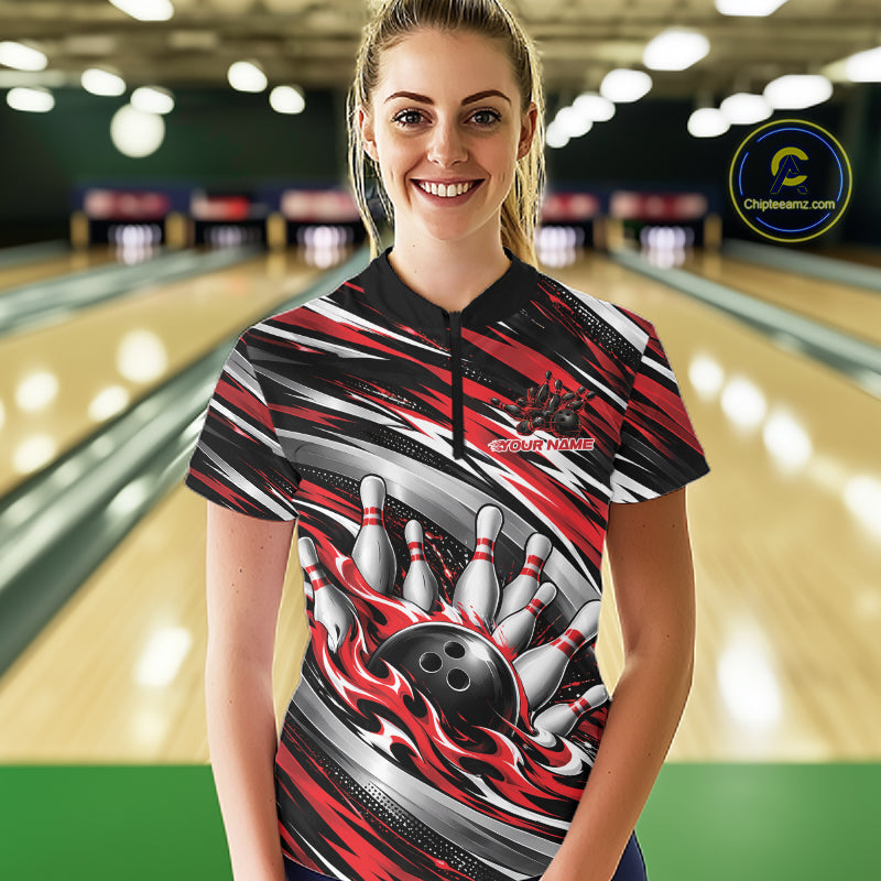 Custom Black And Red Flame Bowling Shirt For Women, Bowling Jersey Quarter-Zip Shirt IPHW12407