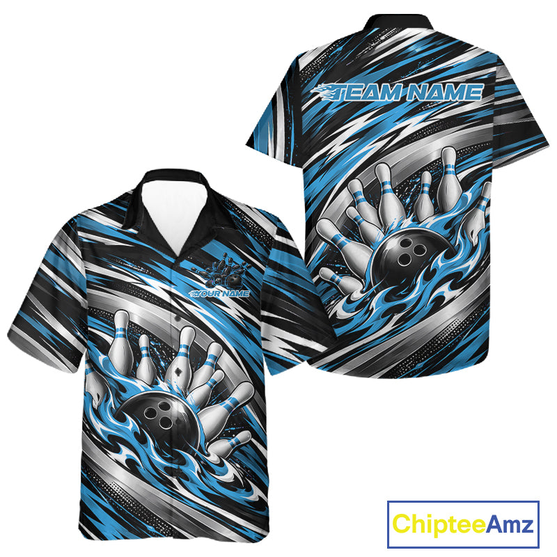 Custom Black And Blue Flame Bowling Shirt For Men And Women, Bowling Team Jersey Button Up Shirt IPHW12408
