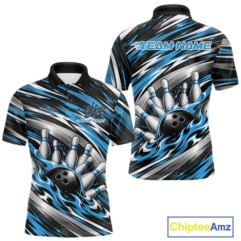 Custom Black And Blue Flame Bowling Shirt For Men, Bowling Team Jersey Polo Shirt IPHW12408