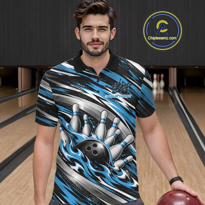 Custom Black And Blue Flame Bowling Shirt For Men, Bowling Team Jersey Polo Shirt IPHW12408