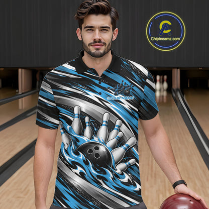 Custom Black And Blue Flame Bowling Shirt For Men, Bowling Team Jersey Polo Shirt IPHW12408