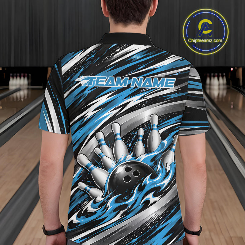 Custom Black And Blue Flame Bowling Shirt For Men, Bowling Team Jersey Polo Shirt IPHW12408