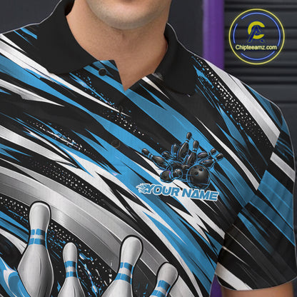 Custom Black And Blue Flame Bowling Shirt For Men, Bowling Team Jersey Polo Shirt IPHW12408