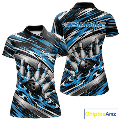 Custom Black And Blue Flame Bowling Shirt For Women, Bowling Team Jersey Polo Shirt IPHW12408