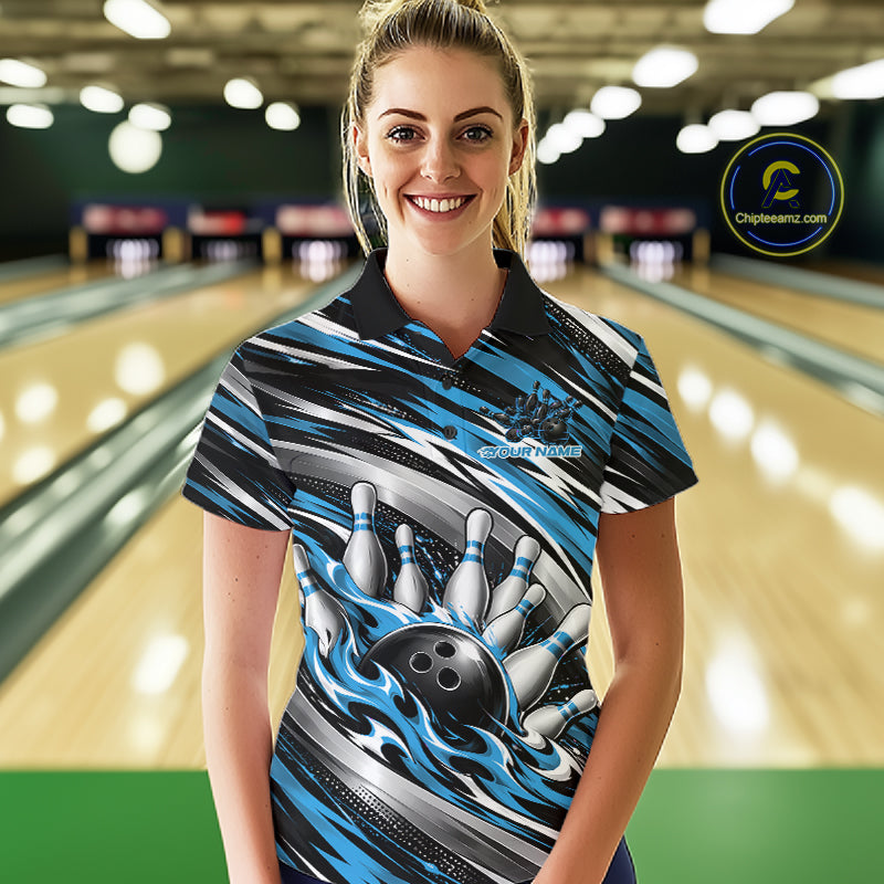 Custom Black And Blue Flame Bowling Shirt For Women, Bowling Team Jersey Polo Shirt IPHW12408