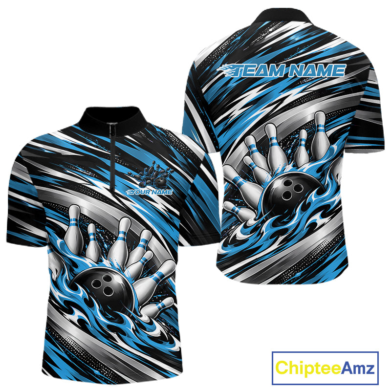 Custom Black And Blue Flame Bowling Shirt For Men, Bowling Team Jersey Quarter Zip Shirt IPHW12408