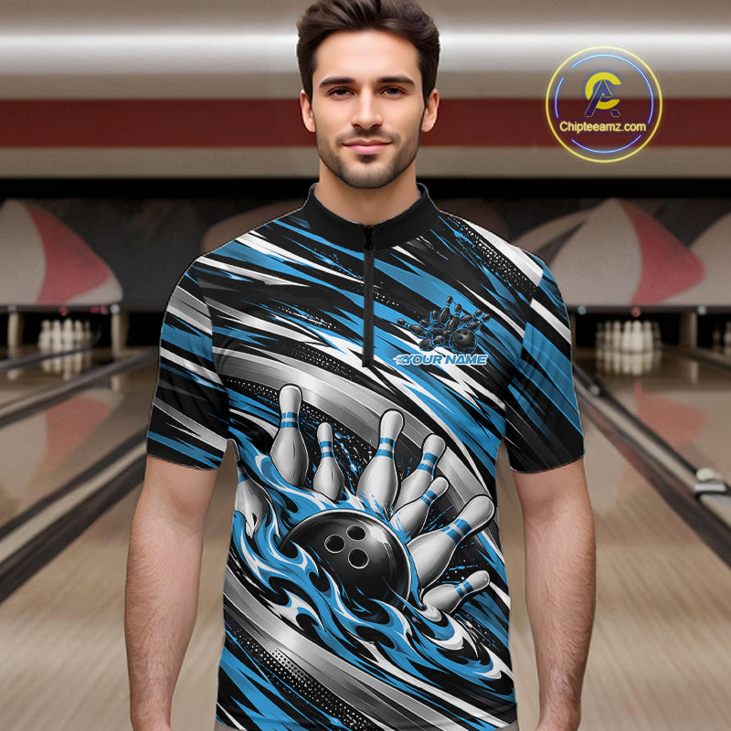 Custom Black And Blue Flame Bowling Shirt For Men, Bowling Team Jersey Quarter Zip Shirt IPHW12408