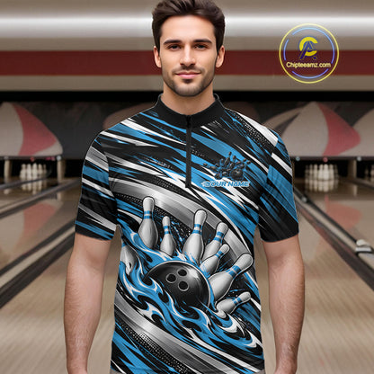 Custom Black And Blue Flame Bowling Shirt For Men, Bowling Team Jersey Quarter Zip Shirt IPHW12408