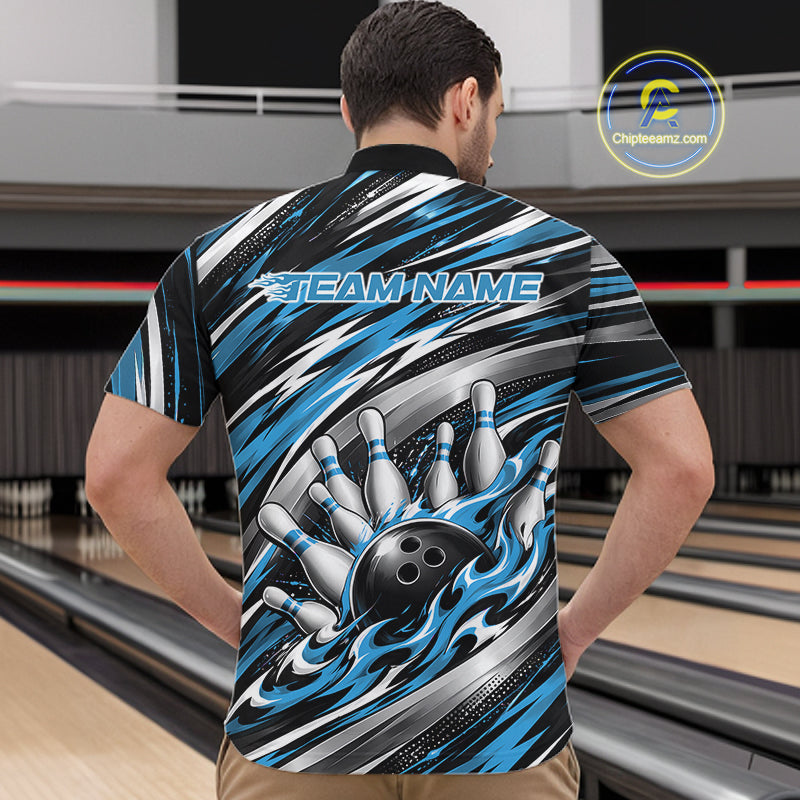 Custom Black And Blue Flame Bowling Shirt For Men, Bowling Team Jersey Quarter Zip Shirt IPHW12408