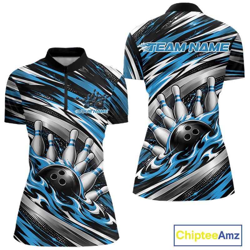Custom Black And Blue Flame Bowling Shirt For Women, Bowling Jersey Quarter-Zip Shirt IPHW12408