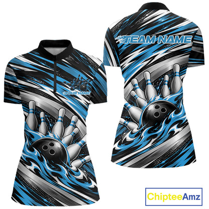 Custom Black And Blue Flame Bowling Shirt For Women, Bowling Jersey Quarter-Zip Shirt IPHW12408
