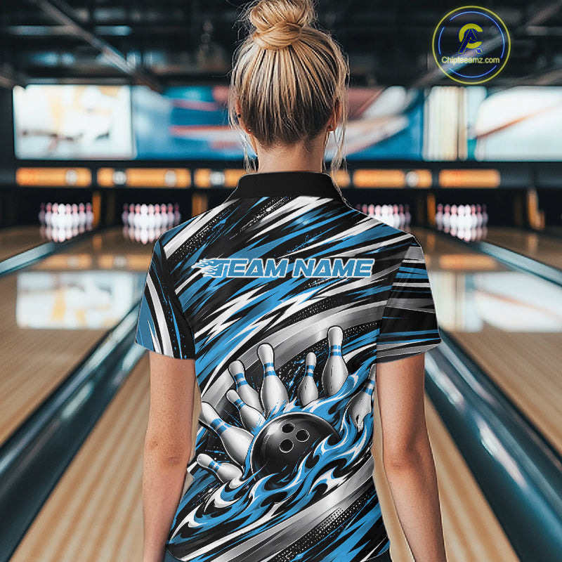 Custom Black And Blue Flame Bowling Shirt For Women, Bowling Jersey Quarter-Zip Shirt IPHW12408