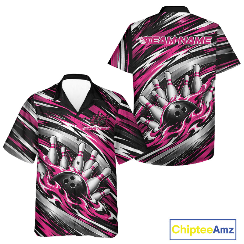 Custom Black And Pink Flame Bowling Shirt For Men And Women, Bowling Team Jersey Button Up Shirt IPHW12409