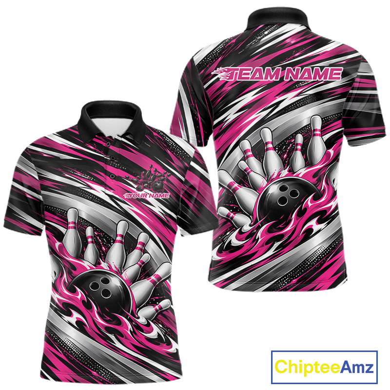 Custom Black And Pink Flame Bowling Shirt For Men, Bowling Team Jersey Polo Shirt IPHW12409