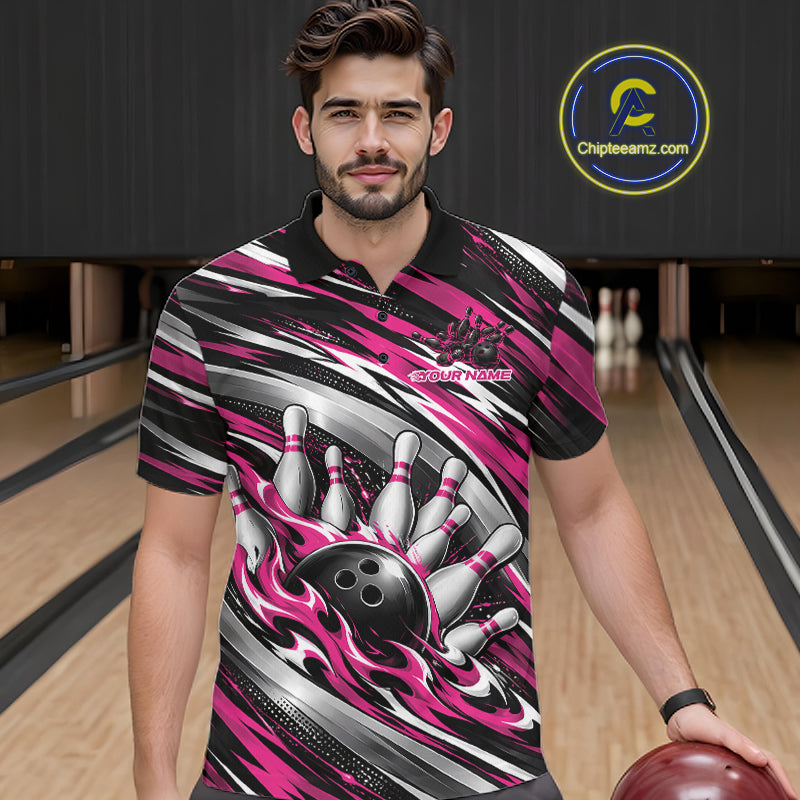 Custom Black And Pink Flame Bowling Shirt For Men, Bowling Team Jersey Polo Shirt IPHW12409