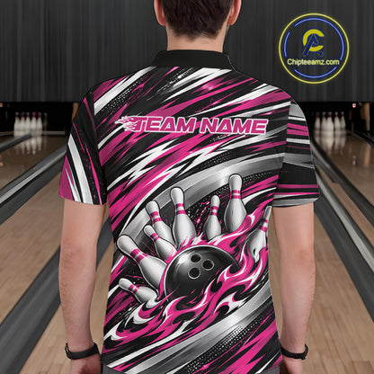 Custom Black And Pink Flame Bowling Shirt For Men, Bowling Team Jersey Polo Shirt IPHW12409