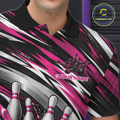 Custom Black And Pink Flame Bowling Shirt For Men, Bowling Team Jersey Polo Shirt IPHW12409