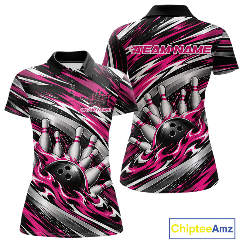 Custom Black And Pink Flame Bowling Shirt For Women, Bowling Team Jersey Polo Shirt IPHW12409