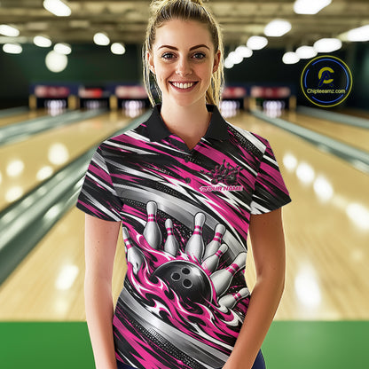 Custom Black And Pink Flame Bowling Shirt For Women, Bowling Team Jersey Polo Shirt IPHW12409