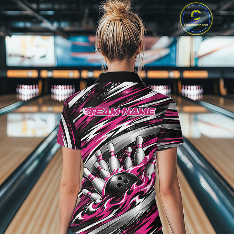 Custom Black And Pink Flame Bowling Shirt For Women, Bowling Team Jersey Polo Shirt IPHW12409