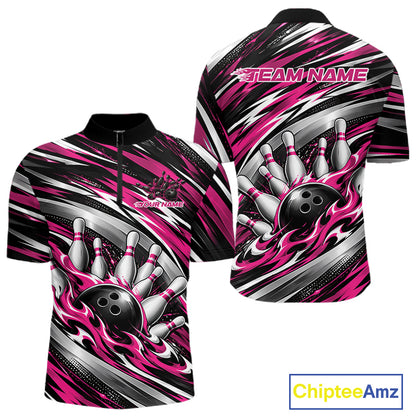 Custom Black And Pink Flame Bowling Shirt For Men, Bowling Team Jersey Quarter Zip Shirt IPHW12409