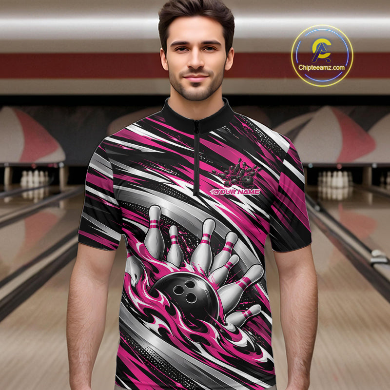 Custom Black And Pink Flame Bowling Shirt For Men, Bowling Team Jersey Quarter Zip Shirt IPHW12409