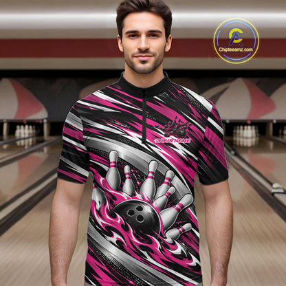 Custom Black And Pink Flame Bowling Shirt For Men, Bowling Team Jersey Quarter Zip Shirt IPHW12409