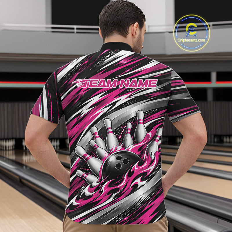 Custom Black And Pink Flame Bowling Shirt For Men, Bowling Team Jersey Quarter Zip Shirt IPHW12409