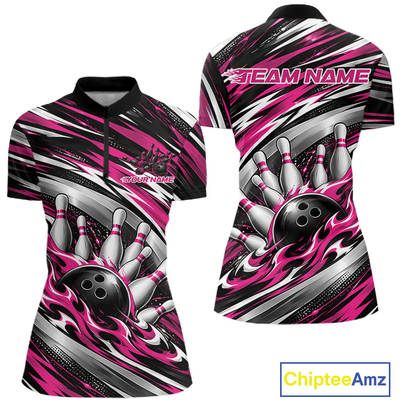 Custom Black And Pink Flame Bowling Shirt For Women, Bowling Jersey Quarter-Zip Shirt IPHW12409