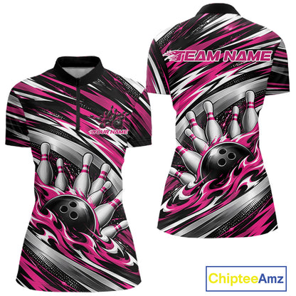 Custom Black And Pink Flame Bowling Shirt For Women, Bowling Jersey Quarter-Zip Shirt IPHW12409
