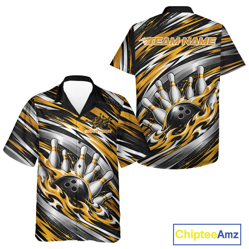 Custom Black And Gold Flame Bowling Shirt For Men And Women, Bowling Team Jersey Button Up Shirt IPHW12410