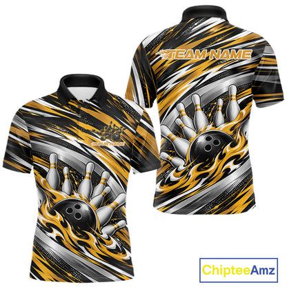 Custom Black And Gold Flame Bowling Shirt For Men, Bowling Team Jersey Polo Shirt IPHW12410