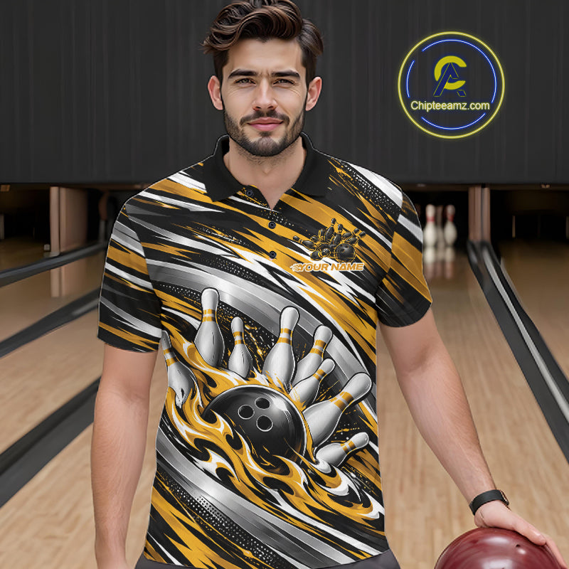 Custom Black And Gold Flame Bowling Shirt For Men, Bowling Team Jersey Polo Shirt IPHW12410