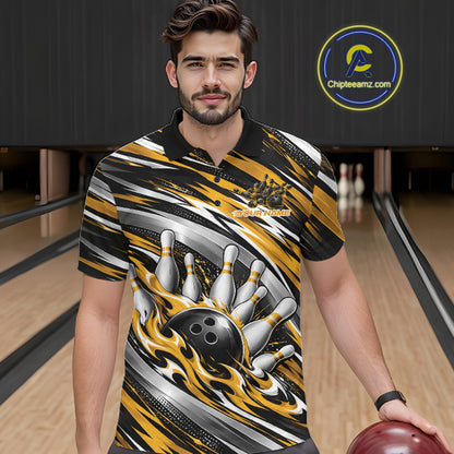 Custom Black And Gold Flame Bowling Shirt For Men, Bowling Team Jersey Polo Shirt IPHW12410