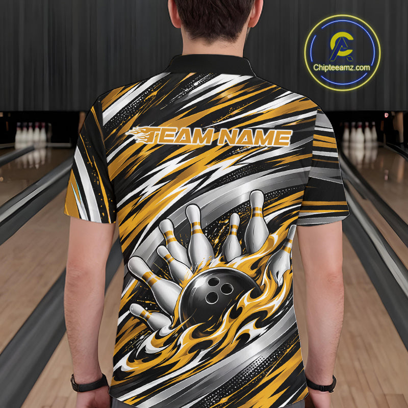 Custom Black And Gold Flame Bowling Shirt For Men, Bowling Team Jersey Polo Shirt IPHW12410