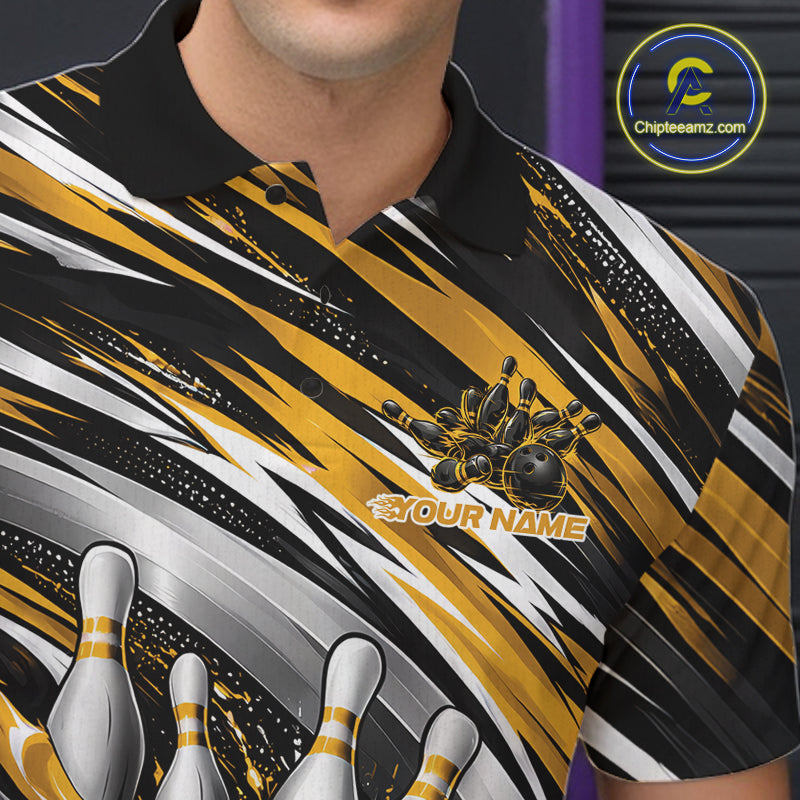 Custom Black And Gold Flame Bowling Shirt For Men, Bowling Team Jersey Polo Shirt IPHW12410