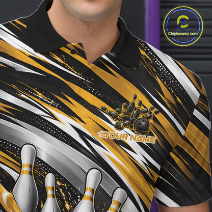 Custom Black And Gold Flame Bowling Shirt For Men, Bowling Team Jersey Polo Shirt IPHW12410