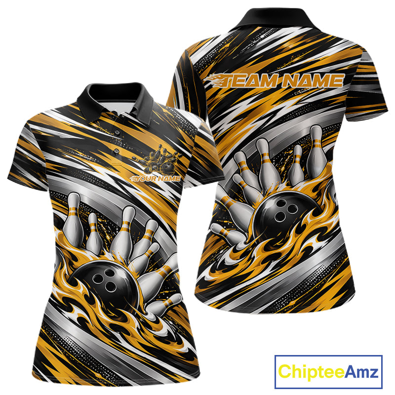 Custom Black And Gold Flame Bowling Shirt For Women, Bowling Team Jersey Polo Shirt IPHW12410