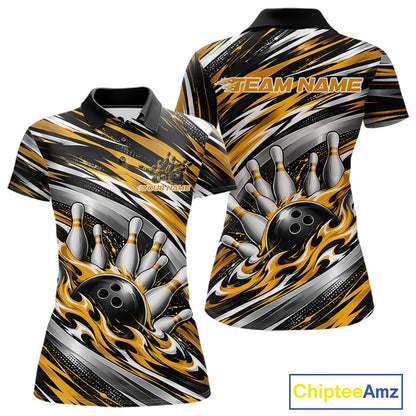 Custom Black And Gold Flame Bowling Shirt For Women, Bowling Team Jersey Polo Shirt IPHW12410