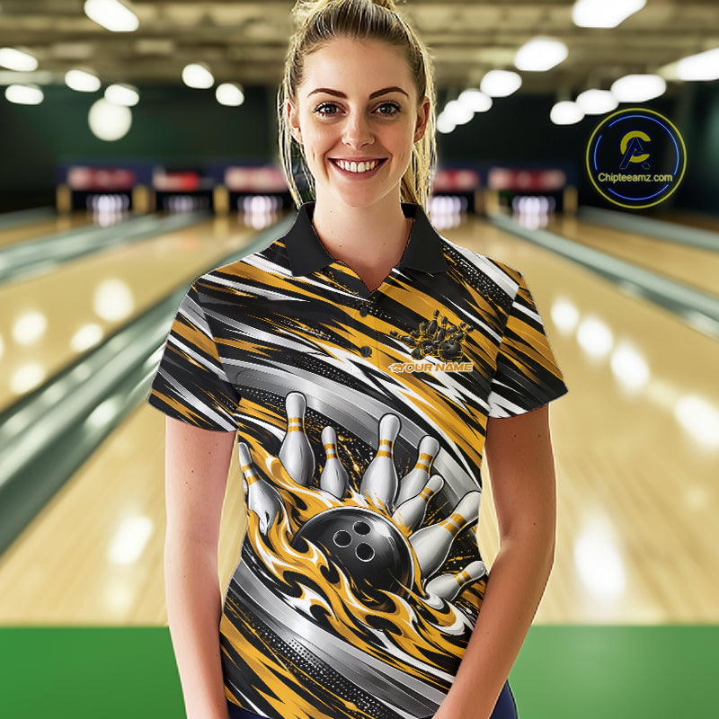 Custom Black And Gold Flame Bowling Shirt For Women, Bowling Team Jersey Polo Shirt IPHW12410