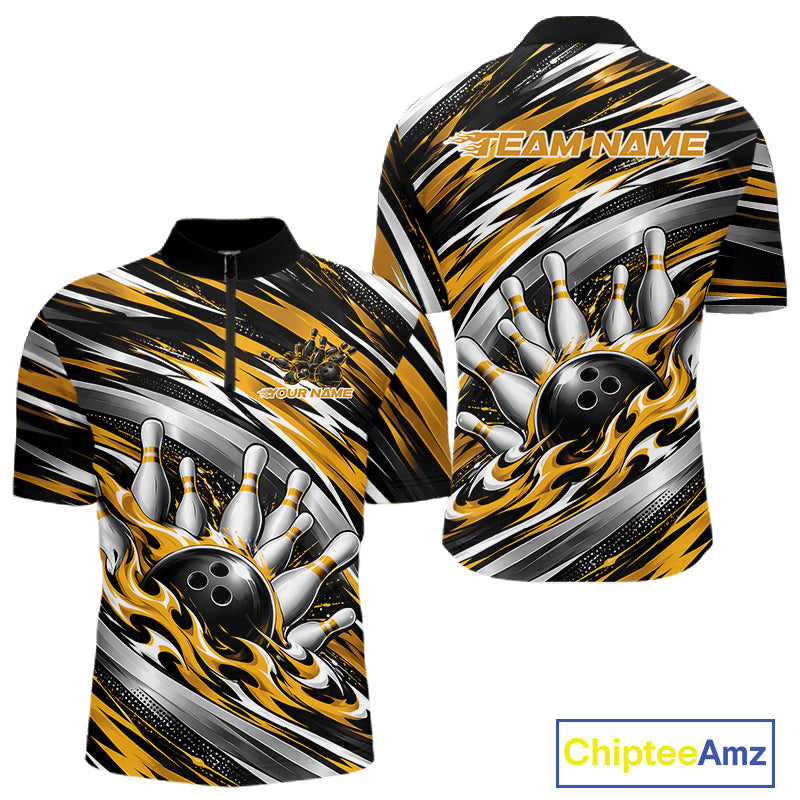 Custom Black And Gold Flame Bowling Shirt For Men, Bowling Team Jersey Quarter Zip Shirt IPHW12410